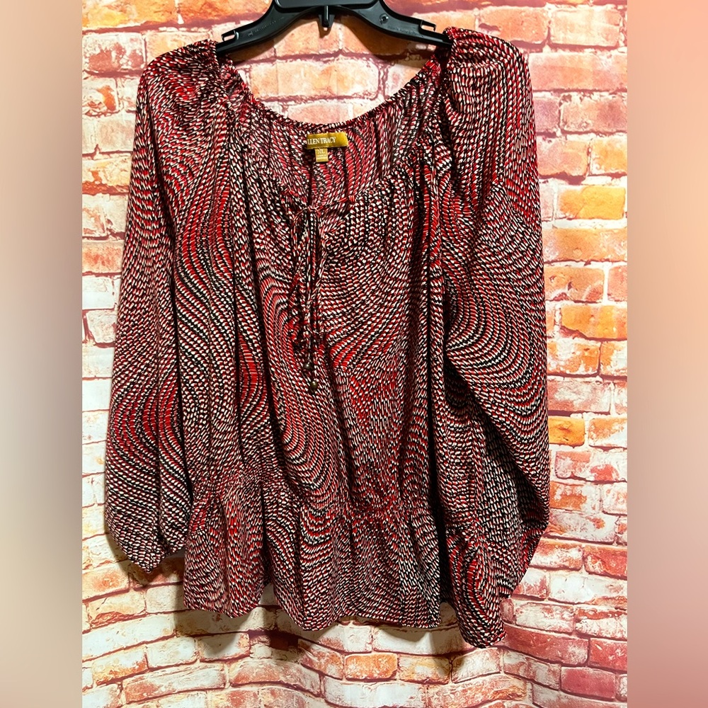 Ellen Tracy Red and Black Relaxed Peplum Blouse size XL.